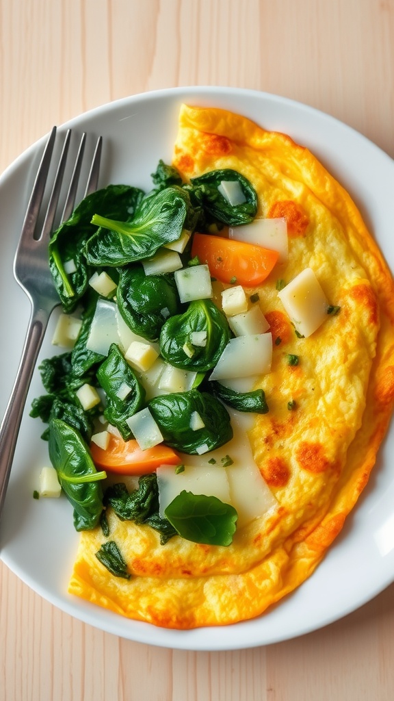 A delicious spinach and cheese omelette served on a plate, garnished with herbs.